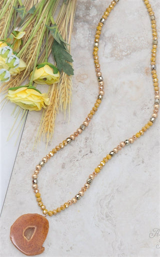 Nature's Beauty Beaded Necklace with Stone Pendant in Mustard