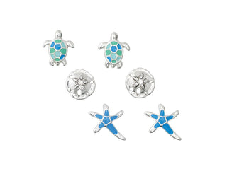 Blue Enamel Sea Life Trio Earrings Set