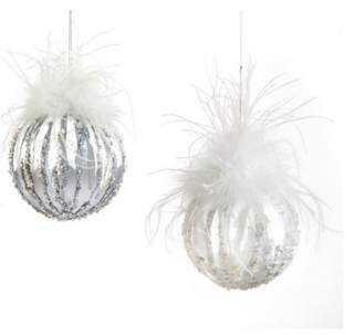 Glass Ornament w/Feathers, 2 Asst.