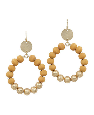 Wood Bead Circle Earrings In Mustard