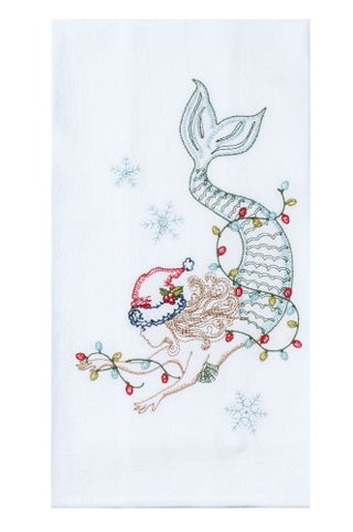 Holiday Mermaid Embroidered Flour Sack Towel