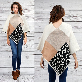 Ireen Leopard Color Block Poncho in Ivory