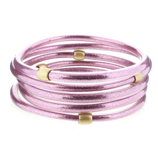 Glitter Filled Gold Station Bangle Bracelets - Pink