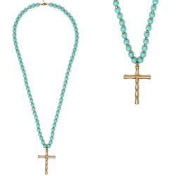 Wood Beaded Cross Necklace in Turquoise