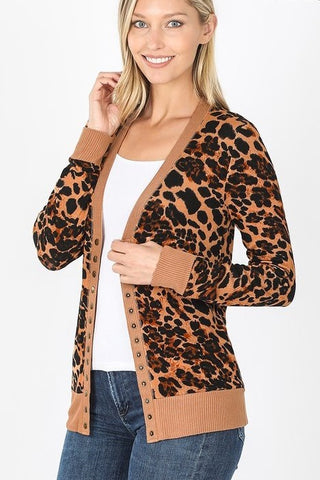 Leopard Snap Button Cardigan in Brown