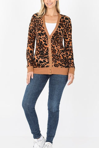 Leopard Snap Button Cardigan in Brown