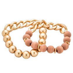 2 Piece Link Chain & Wood Bead Bracelet In Pink