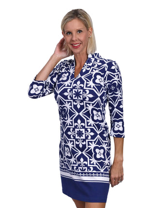 Finley Printed Collar Sleeved Dress - Navy Fleur