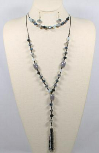 Double Strand Beaded Tassel Necklace Set in Black