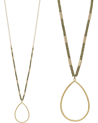 Teardrop Casting Wood Body Long Necklace in Moss