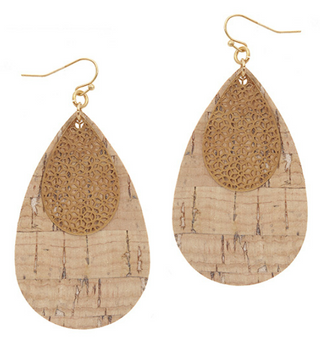 Metal & Cork Filigree Teardrop Earring in Beige