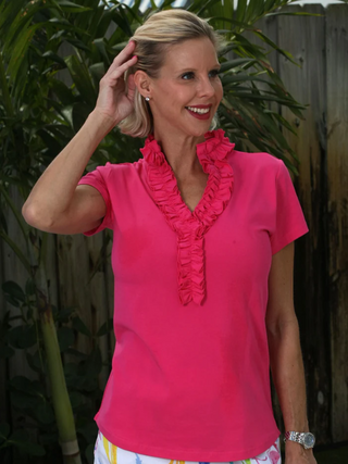 Charlie Short Sleeve Ruffled Top in Hot Pink