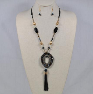 Beaded Medallion Tassel Necklace in Gold & Black