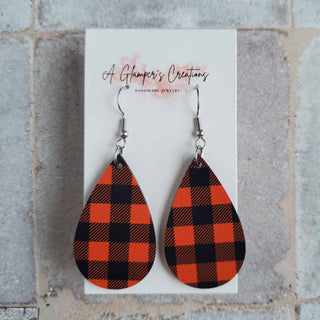 Black & Orange Plaid Halloween Wooden Teardrop Earrings