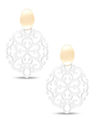 Modern Damask Pattern Resin Drop Earring in White