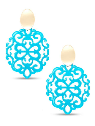 Modern Damask Pattern Resin Drop Earring in Neon Blue