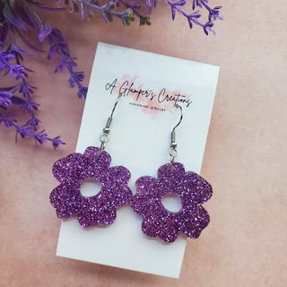 Purple Glitter Flower Acrylic Earrings