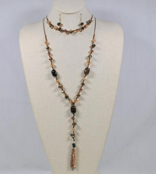Double Strand Beaded Tassel Necklace Set in Brown