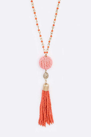 Beaded Tassel Pendant Long Necklace - Coral