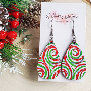 Red, Green, & White Swirl Wooden Christmas Teardrop Earrings