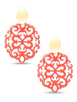 Modern Damask Pattern Resin Drop Earring in Coral