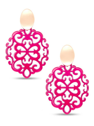 Modern Damask Pattern Resin Drop Earring in Hot Pink