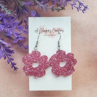 Pink Glitter Flower Acrylic Earrings