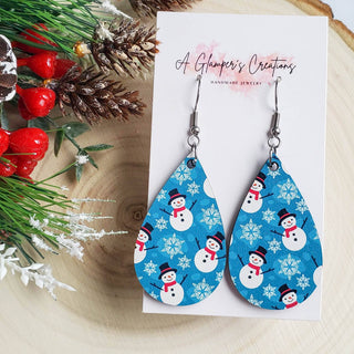 Snowmen on Blue Wooden Teardrop Earrings