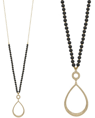Teardrop Pendant with Wood Body Long Necklace in Black