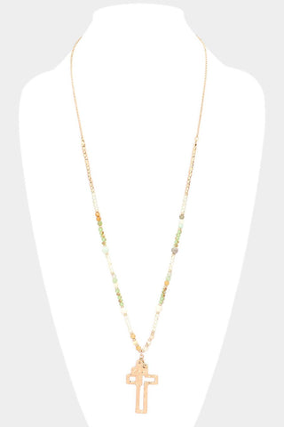 Semi Precious Stone Cross Pendant Long Necklace in Mint