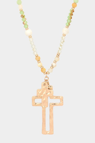 Semi Precious Stone Cross Pendant Long Necklace in Mint