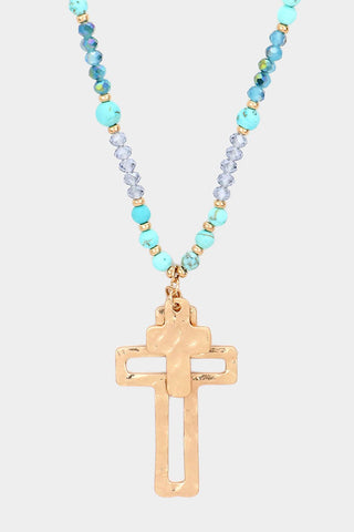 Semi Precious Stone Cross Pendant Long Necklace in Turquoise
