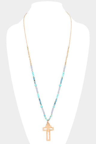 Semi Precious Stone Cross Pendant Long Necklace in Turquoise