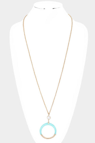 Half Worn Metal Open Circle Pendant Long Necklace in Mint