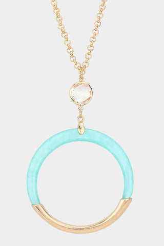 Half Worn Metal Open Circle Pendant Long Necklace in Mint