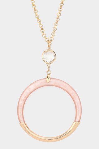 Half Worn Metal Open Circle Pendant Long Necklace in Dusty Rose