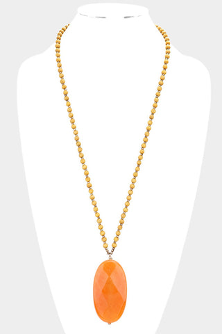 Oval Natural Stone Pendant Wood Ball Long Necklace