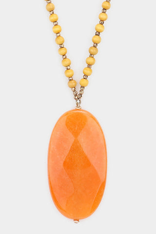 Oval Natural Stone Pendant Wood Ball Long Necklace