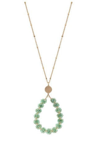 Teardrop Tiny Glass Bead Flower Pendant Necklace - Mint