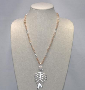 Long Beaded Necklace with Metal Fish Skeleton Design