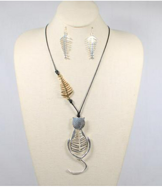 Cat with Fishbone Necklace & Earring Set