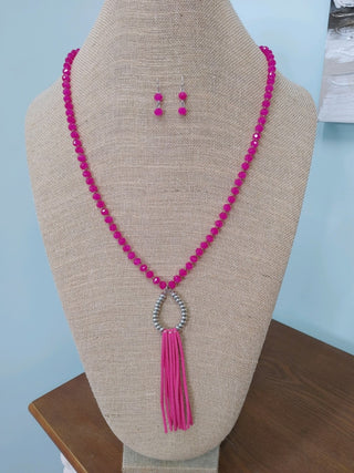 Crystal Pink Beads w/Leather Tassel Necklace Set
