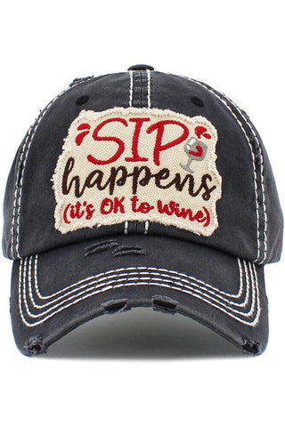 Sip Happens (It's Okay to Wine) Vintage Hat - Black